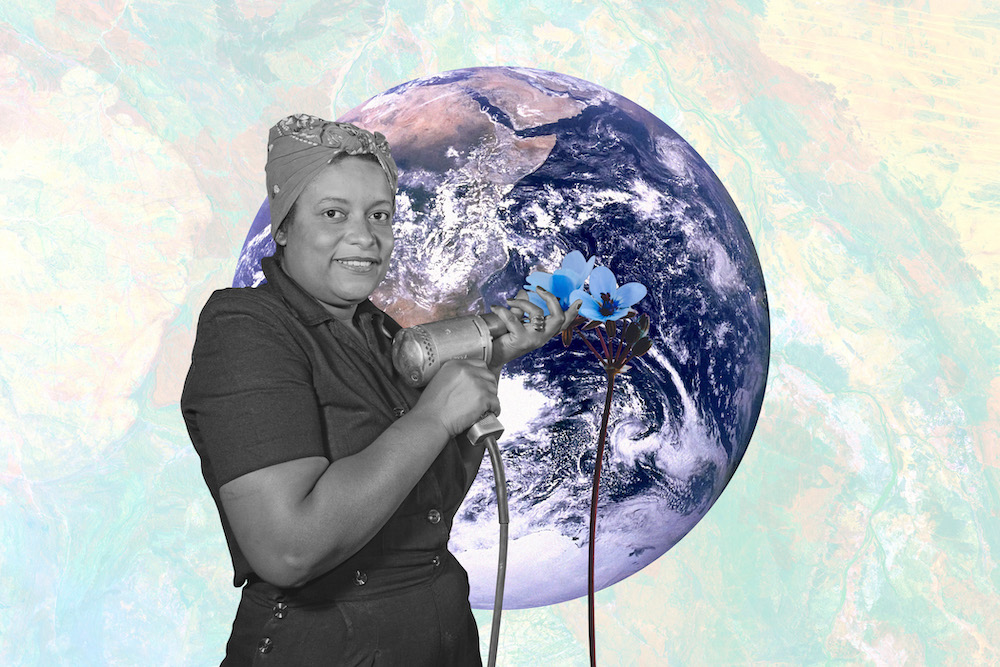 mulher negra com mapa mundo em pano de fundo a cuidar de flores